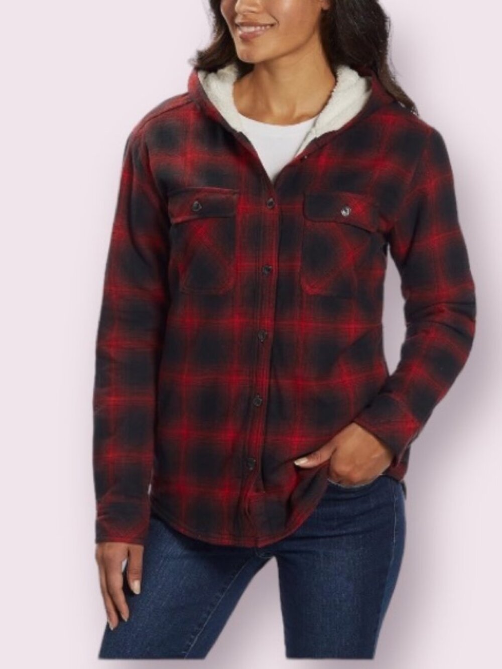 Boston Traders® Red and Black Hooded Flannel Shirt Jacket Sherpa Lined